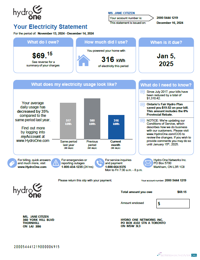 download Canada Hydro One utility bill template in Word and PDF formats, version 2 PDF template